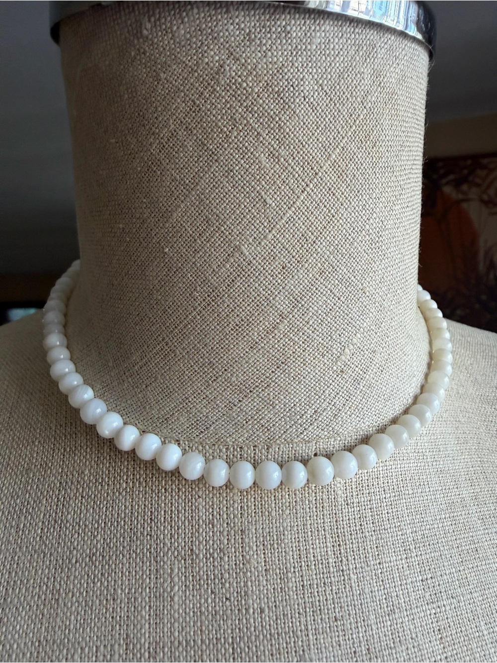 Vintage Natural White Agate Chalcedony Beaded Necklace • Sterling Silver 925